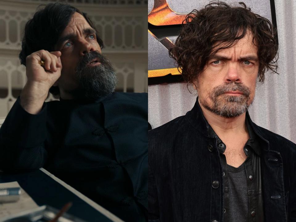 Side by side of Peter Dinklage in "The Hunger Games" prequel and real life.