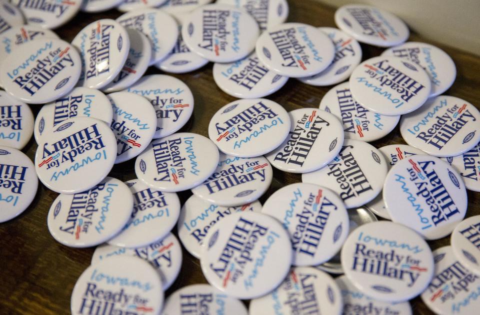 Campaign buttons are ready for distribution at an Iowa kickoff event for the national Ready for Hillary group led by Craig Smith, senior adviser to the Ready for Hillary group, in Des Moines, Iowa, Saturday, Jan. 25, 2014. Ready for Hillary is a so-called super PAC building a national network to benefit Clinton if she decides to seek the presidency in 2016. The gathering of Iowa Democrats including the state chairs of both Clinton and President Barack Obama's 2008 campaigns. (AP Photo/Justin Hayworth)