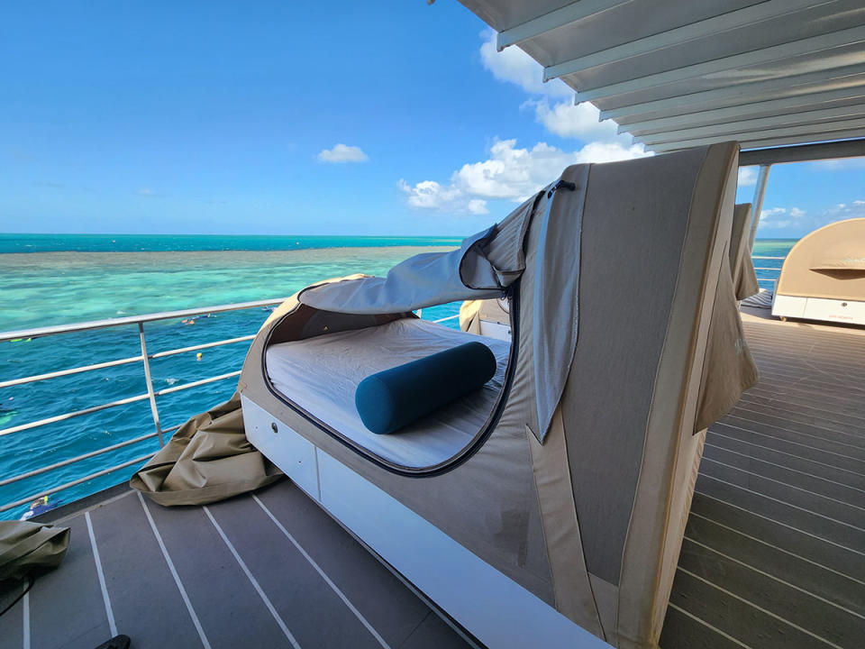 The Reefsleep swags are comfortable and provide the best view of the Great Barrier Reef. Photo: Supplied