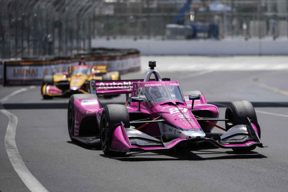 Kyle Kirkwood competes during the IndyCar Grand Prix of Long Beach auto race, Sunday, April 16, 2023, in Long Beach, Calif. Kirkwood won the race. (AP Photo/Jae C. Hong)