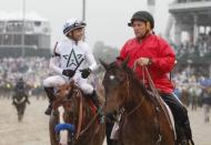 May 5, 2018; Louisville, KY, USA; Mike Smith aboard Justify (7) after winning the 144th running of the Kentucky Derby at Churchill Downs. Mandatory Credit: Brian Spurlock-USA TODAY Sports