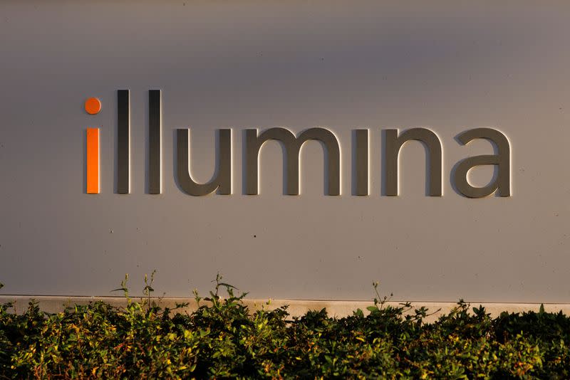 FILE PHOTO: A sign at the front entrance to the global headquarters of Illumina is pictured in San Diego, California