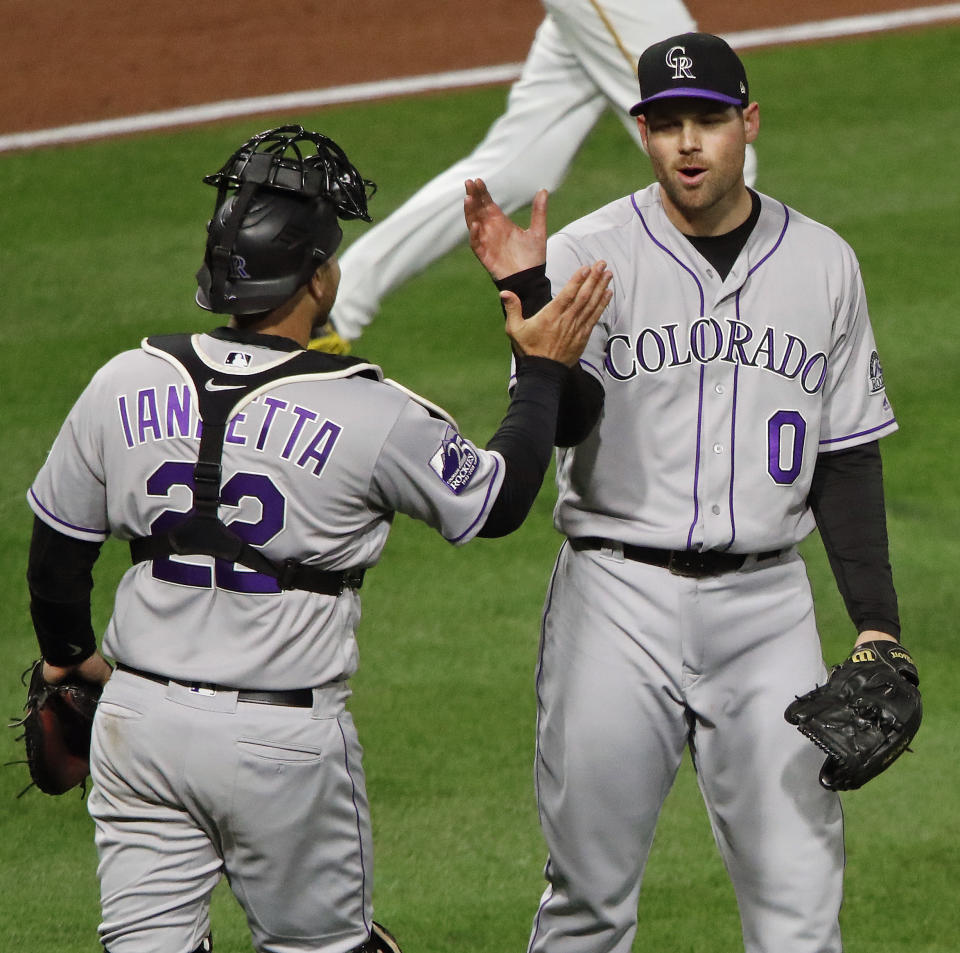 Chris Iannetta (left) and Adam Ottavino have much to celebrate thus far in 2018 (AP Photo/Gene J. Puskar)