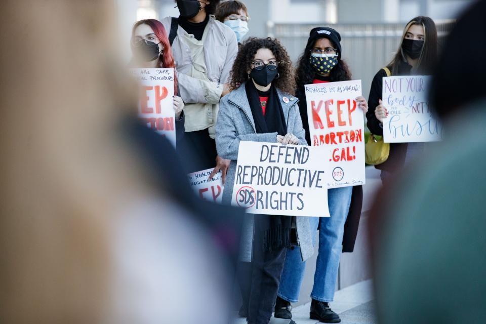 A crowd of roughly 50 protesters gathered outside in the Florida House plaza to voice their opposition to HB5, an abortion ban bill copying the Texas abortion ban bill, Thursday, Jan. 27, 2022.