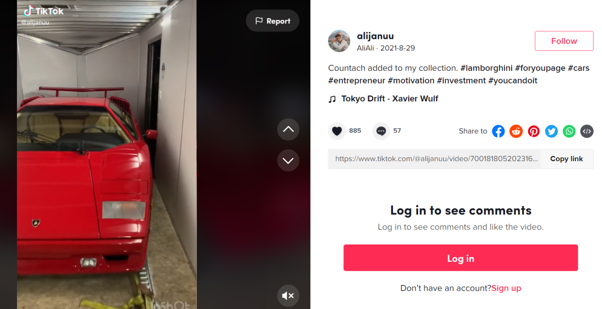 Akbar Ali Syed posted a shot of a red Lamborghini Countach "added to my collection" on TikTok Aug. 29, 2021.