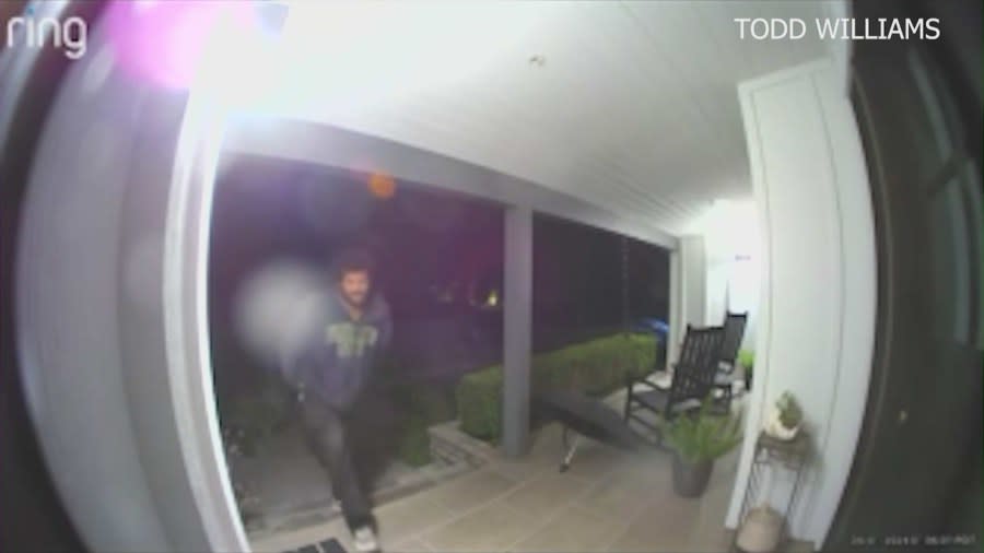 Ring camera footage from a Laguna Beach homeowner shows a suspect roaming around the property. Local resident Todd Williams spoke with KTLA on April 5, 2024. (Todd Williams)