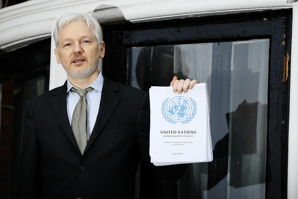 FILE - In this Feb. 5, 2016, file photo WikiLeaks founder Julian Assange speaks on the balcony of the Ecuadorean Embassy in London. President Barack Obama’s decision to commute Chelsea Manning’s sentence quickly brought fresh attention to another figure involved in the Army leaker’s case: Julian Assange. In a tweet in early January 2017, Assange’s anti-secrecy site WikiLeaks wrote, “If Obama grants Manning clemency Assange will agree to US extradition despite clear unconstitutionality of DoJ case.” (AP Photo/Kirsty Wigglesworth, File)