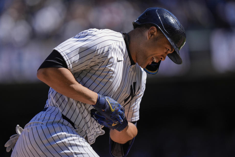 New York Yankees' Giancarlo Stanton runs the bases after hitting a grand slam during the third inning of a baseball game against the Toronto Blue Jays Sunday, April 7, 2024, in New York. (AP Photo/Frank Franklin II)