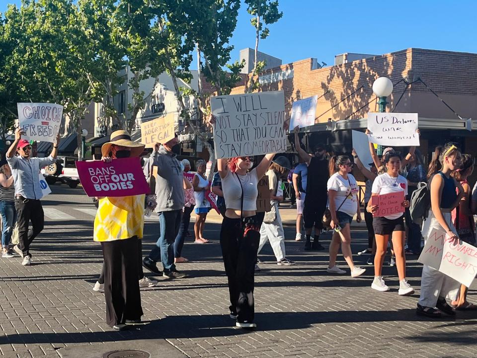 A group of about 60 protestors marched in downtown Lodi to denounce the U.S. Supreme Court’s decision to overturn Roe v. Wade on Friday, June 24, 2022.