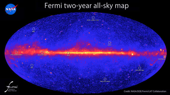 This all-sky image, constructed from two years of observations by NASA's Fermi Gamma-ray Space Telescope, shows how the sky appears in gamma-ray light. Brighter colors indicate brighter gamma-ray sources. A diffuse glow fills the sky and is bri