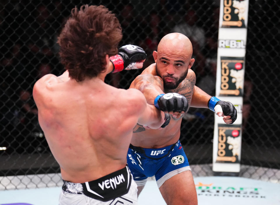 LAS VEGAS, NEVADA – SEPTEMBER 23: (R-L) Miles Johns punches Dan Argueta in a bantamweight fight during the UFC Fight Night event at UFC APEX on September 23, 2023 in Las Vegas, Nevada. (Photo by Chris Unger/Zuffa LLC via Getty Images)