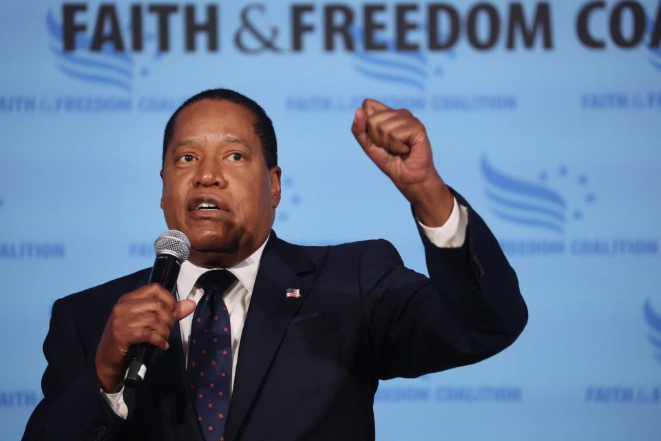 GOP presidential hopeful Larry Elder speaks to guests at the Iowa Faith & Freedom Coalition Spring Kick-Off on April 22, 2023 in Clive, Iowa.