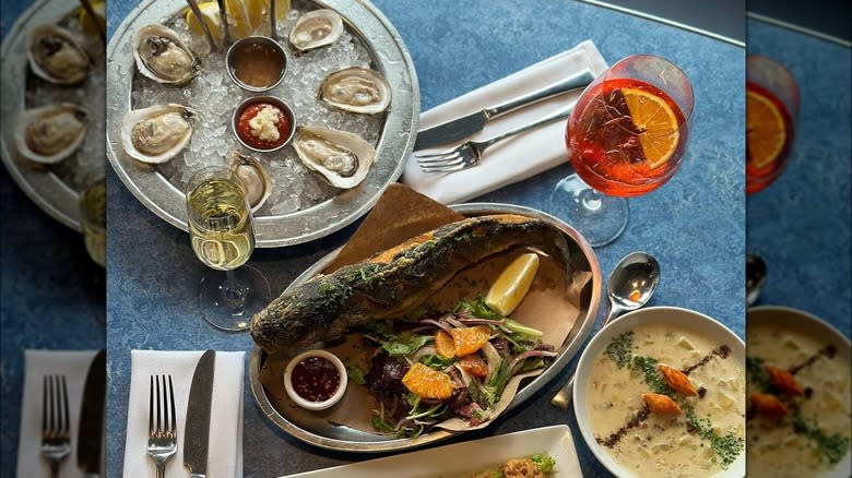 Oyster tray and plate of fish