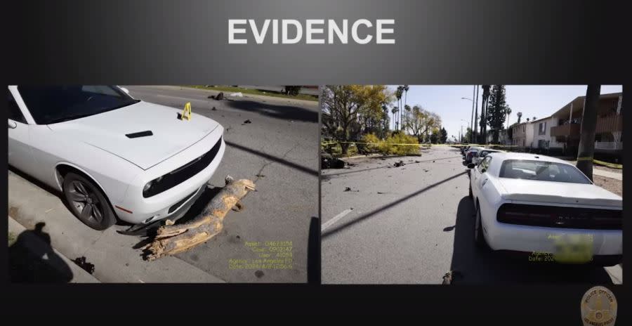 Nearby parked cars were damaged by the debris propelled during the high-speed crash. (Los Angeles Police Department)