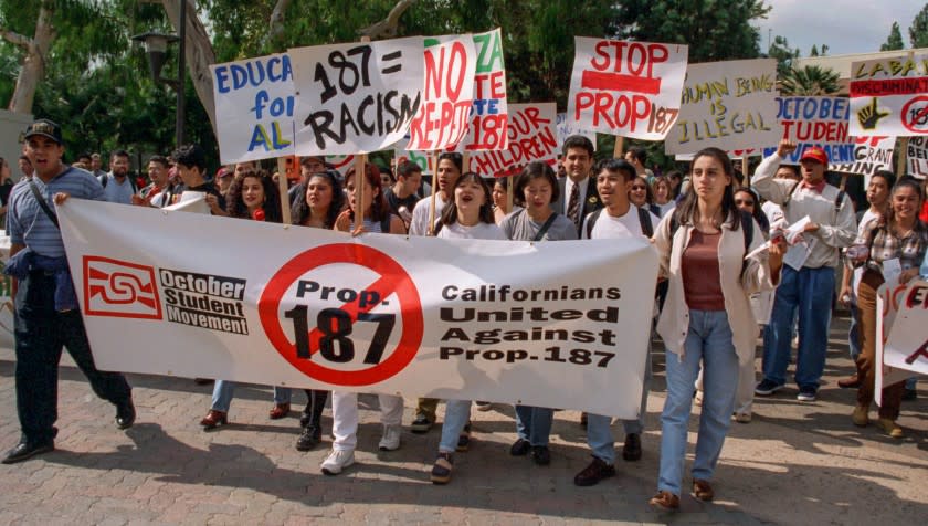 Oct. 6, 1994: Two hundred UCLA students march in protest of prop 187. Protests were held at about 20 other college and university campuses in California.