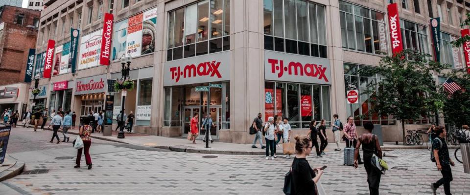 TJ Maxx store and Signboard at Downtown Crossing in Boston, USA.