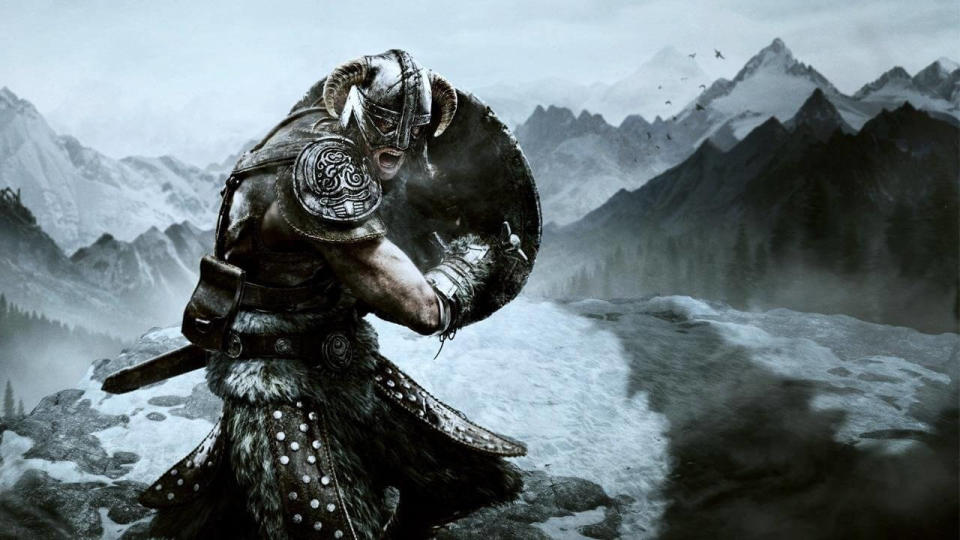 Skyrim dovahkiin holding a shield