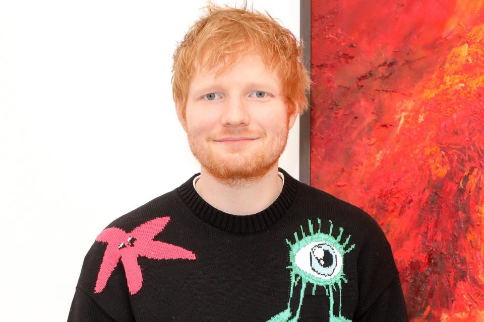 Ed Sheeran attends a private view of artist Jelly Green's new exhibition "Burn"