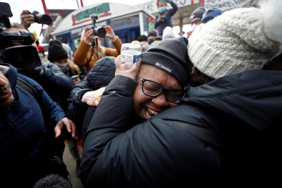 Jennifer Starr Dodd reacts after the verdict in the trial of former Minneapolis police officer Derek Chauvin, found guilty of the death of George Floyd, at George Floyd Square in Minneapolis, Minnesota (REUTERS)