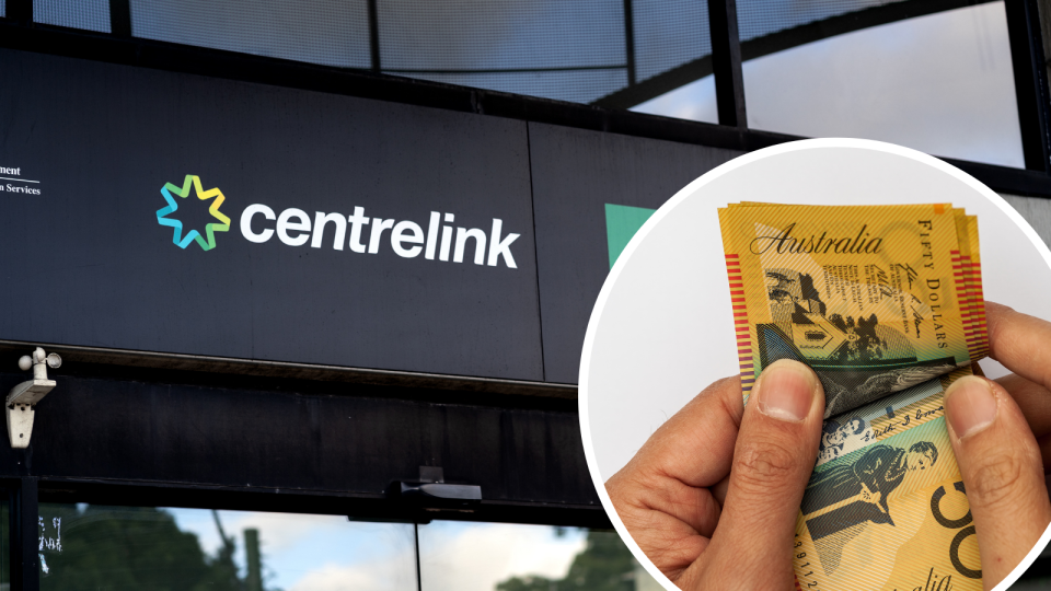 The Centrelink sign on the exterior of a Services Australia building. A person holding $50 notes.