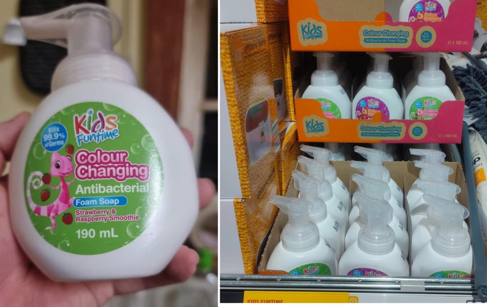 Hand holds at left an Aldi colour-changing soap in a white bottle with colourful label and at right a box of the products.