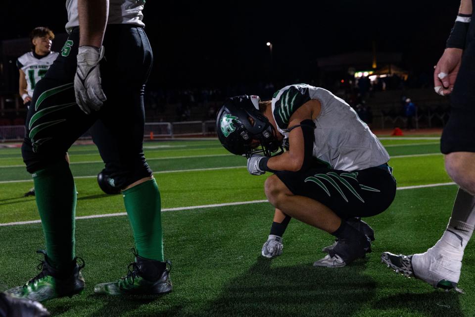 South Summit High School mourns their loss to San Juan High School in the 2A football state championship at Southern Utah University in Cedar City on Saturday, Nov. 11, 2023. | Megan Nielsen, Deseret News