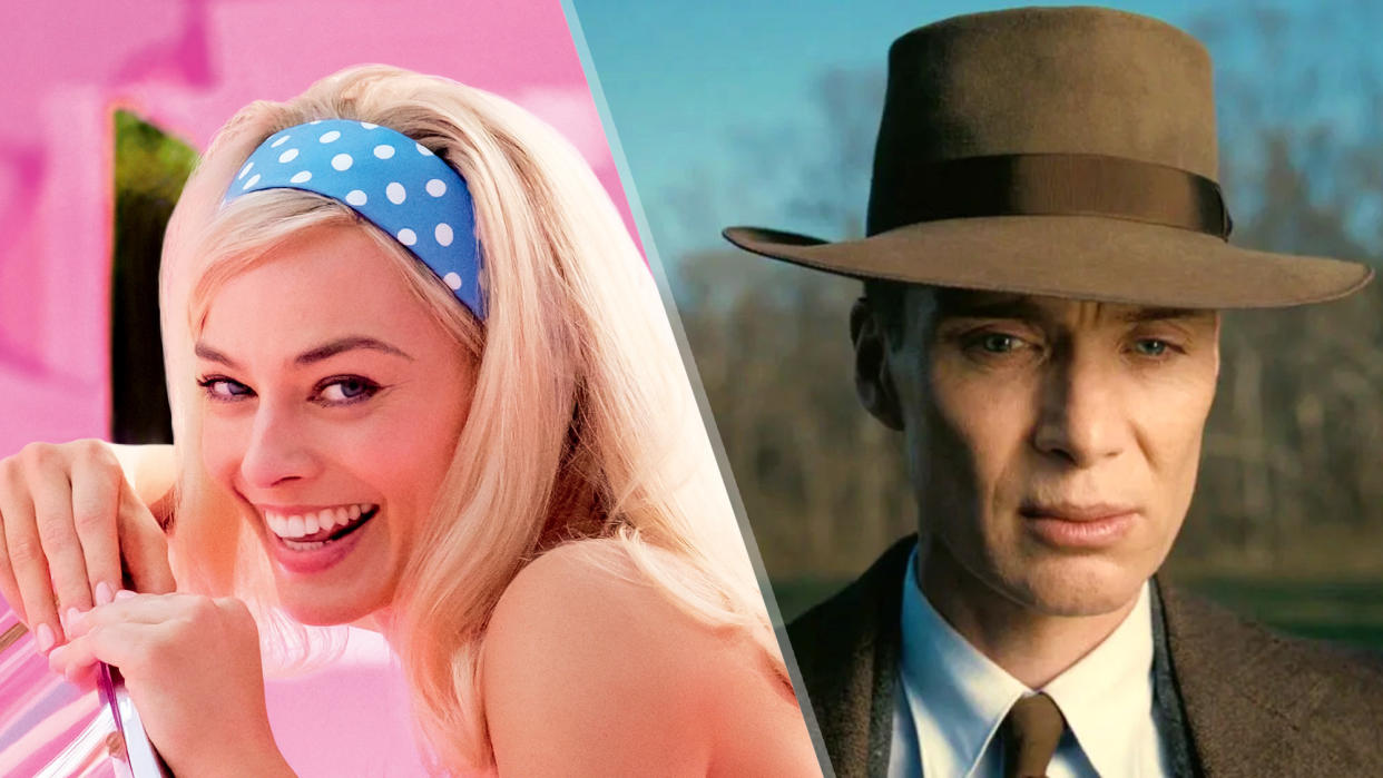  (L-r) MARGOT ROBBIE in Barbie and Cillian Murphy as J. Robert Oppenheimer in Oppenheimer 