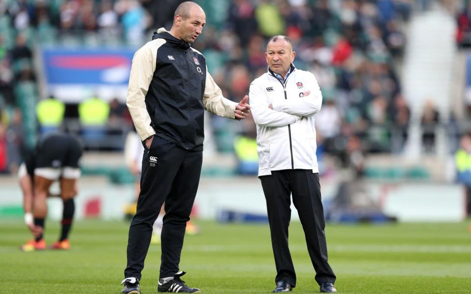 England's head coach Eddie Jones (right) and coach Steve Borthwick. Eddie Jones looks set to discover in the next 48 hours whether he will continue as England head coach, amid reports he will be sacked after presiding over the national teamâ€™s worst year since 2008 - PA