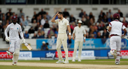 Cricket - England vs West Indies - Second Test - Leeds, Britain - August 29, 2017 England's James Anderson reacts as West Indies' Shai Hope and Kraigg Brathwaite makes runs Action Images via Reuters/Lee Smith