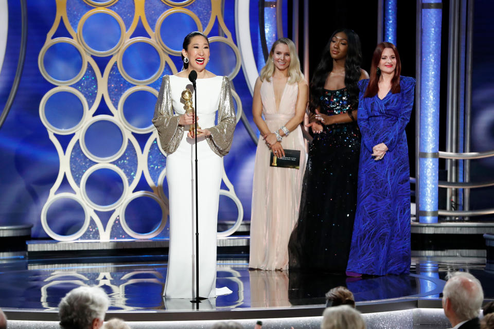 Sandra Oh accepts the Best Performance by an Actress in a Television Series Drama award during the 76th Annual Golden Globe Awards on Jan. 6, 2019. | Paul Drinkwater—NBCUniversal/Getty Images