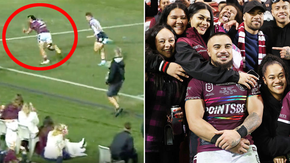 Alfred Smalley's family and friends were on hand to celebrate the Manly winger's try-scoring debut against the Roosters. Pic: Fox Sports/Getty