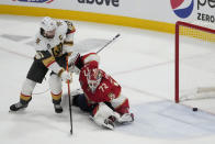 Vegas Golden Knights right wing Mark Stone (61) scores a goal against Florida Panthers goaltender Sergei Bobrovsky (72) during the first period of Game 3 of the NHL hockey Stanley Cup Finals, Thursday, June 8, 2023, in Sunrise, Fla. (AP Photo/Rebecca Blackwell)
