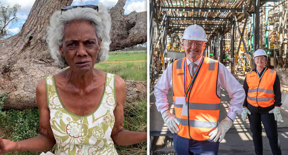 Gomeroi elder Polly Cutmore (left) and Resources Minister Madeleine King with Anthony Albanese.