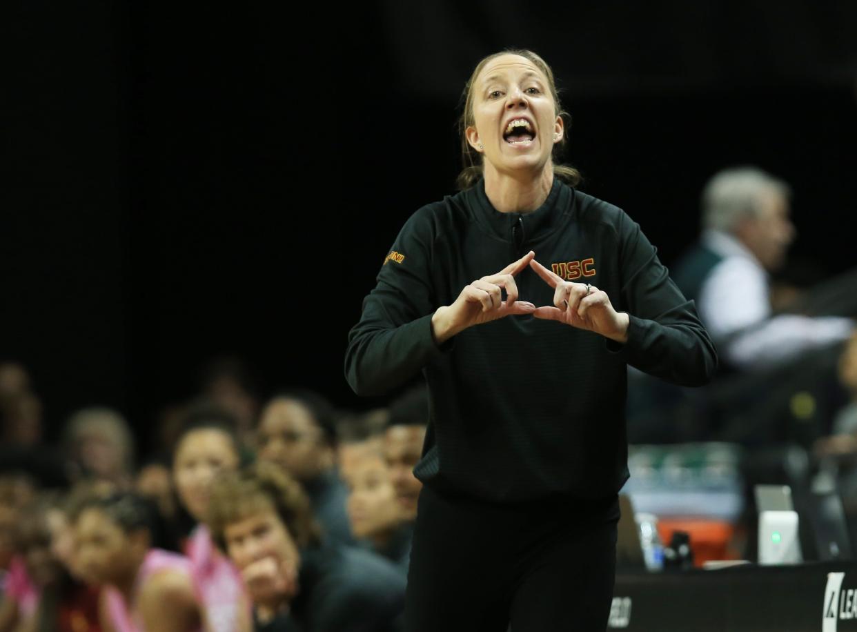 USC coach Lindsay Gottlieb, a Brown graduate, signals to her team during a game against Oregon in February.