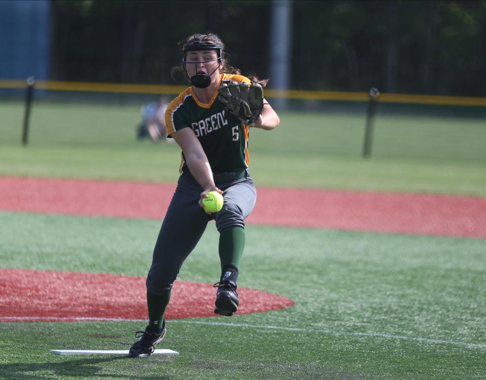 Greene's Olivia Kennedy (5) delivers a pitch in the NYSPHSAA Class C semifinal against Seward at Moriches Athletic Complex in Moriches on Saturday, June 11, 2022.