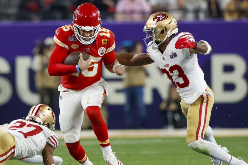 Safety Logan Ryan (R) played for the San Francisco 49ers in their Super Bowl LVIII loss to the Kansas City Chiefs on Feb. 11 in Las Vegas. File Photo by John Angelillo/UPI