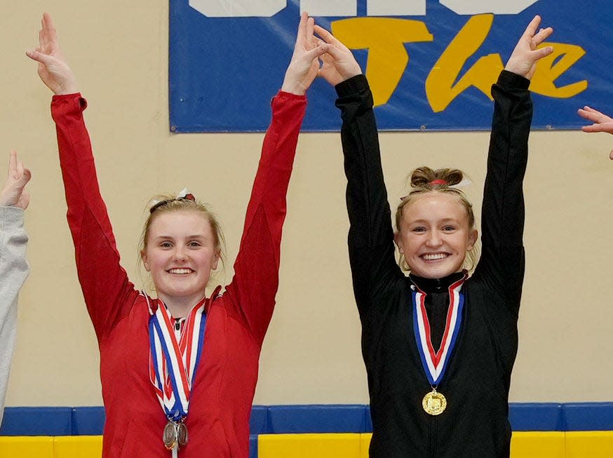 Junior Sadie Johnson of Estelline-Hendricks (right) and sophomore Makia Moe of Deuel (left) proved to be the top two gymnasts in the Class A portion of the South Dakota High School Gymnastics Championships on Friday and Saturday, Feb. 10-11 at Aberdeen Central High School.