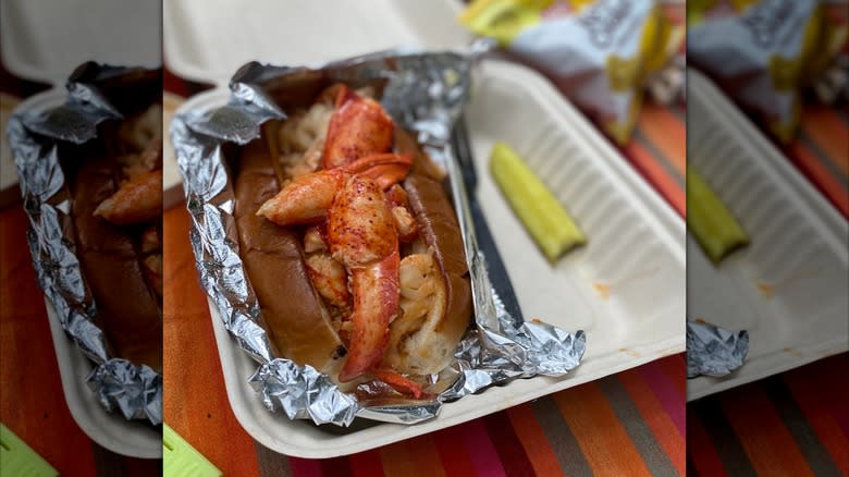 Large lobster roll in serving boat