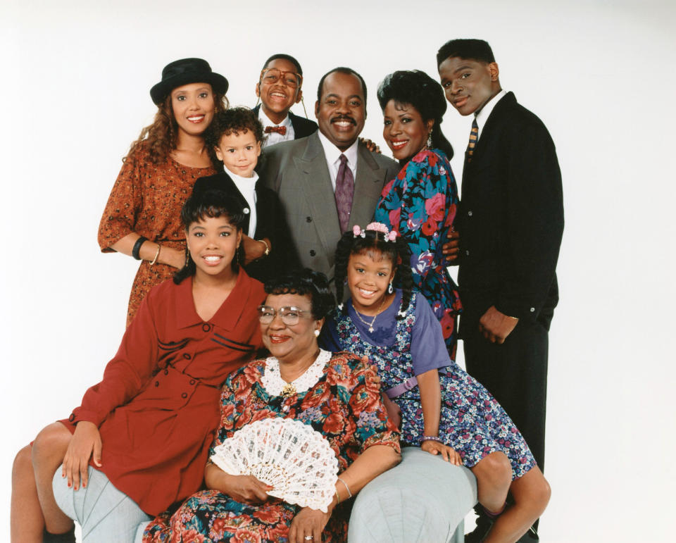 (Top row, from left): Telma Hopkins, Bryton James, Jaleel White, Reginald VelJohnson, Jo Marie Payton, Darius McCrary, (bottom): Kellie Williams, Rosetta LeNoire, Jaimee Foxworth – Cast of ‘Family Matters’ © Lorimer Television