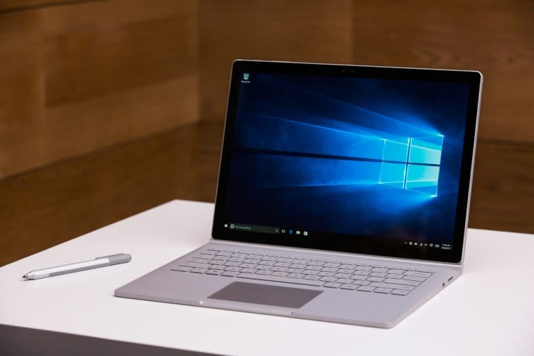 A new Microsoft Surface Book sits on display at a media event for new Microsoft products on October 6, 2015 in New York City