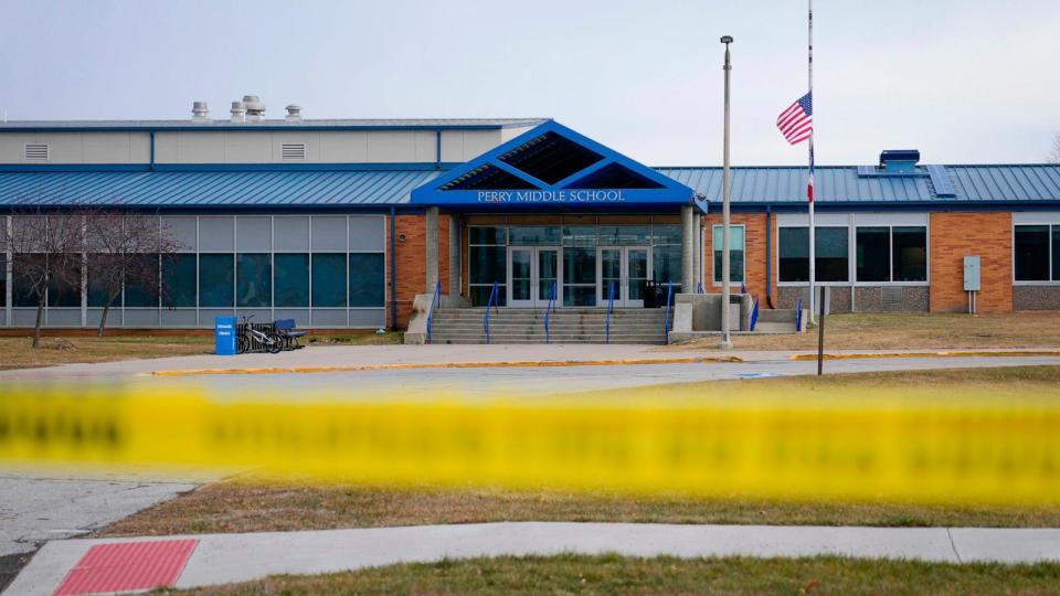 PHOTO: Tape blocks all entrances at the Perry Middle School and High School building on Jan. 5, 2024, in Perry, Iowa.  (Bryon Houlgrave/AP)