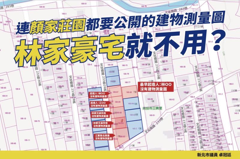 ▲卓冠廷指整個豪宅社區就只有林明溱相關的6戶查不到建物測量圖。（圖／翻攝卓冠廷臉書，2023.03.02）