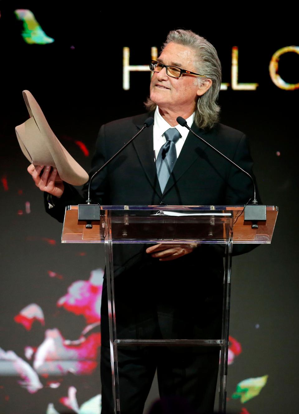 Kurt Russell speaks before accepting the 2022 Hall of Great Western Performers during the Western Heritage Awards at the National Cowboy & Western Heritage Museum in Oklahoma City, Saturday, April, 9, 2022. His father Mr. Neil Oliver "Bing" Russell was also a honoree. 