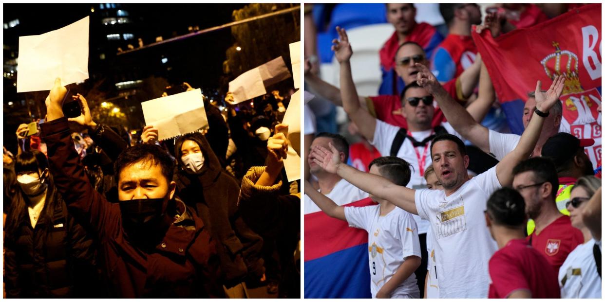 A composite image showing people protesting COVID-19 restrictions in Beijing, China, on November 27, 2022, and Serbia fans cheering at the Qatar World Cup on November 28, 2022.