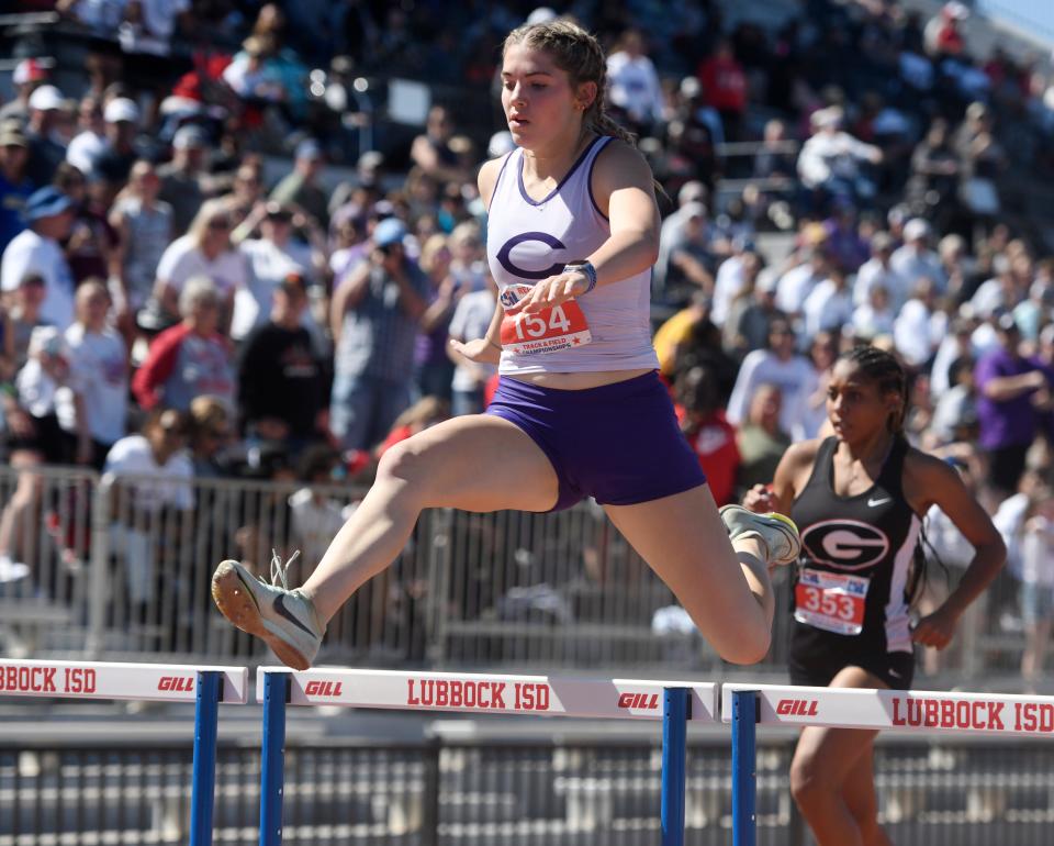 Canyon's Abree Winfrey competes in the 300-meter hurdles during the Region I-4A track and field meet, Saturday, April 29, 2023, at Lowrey Field. Winfrey finished with 44.51.