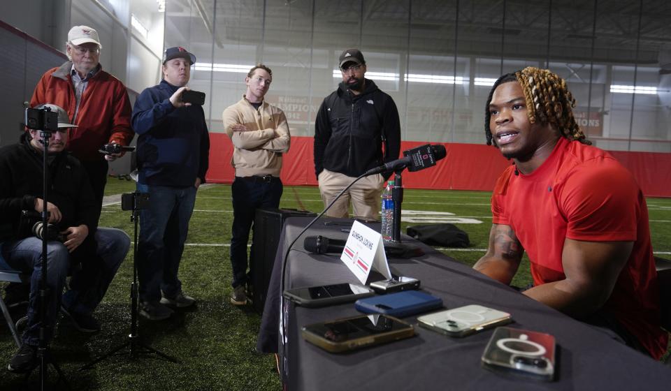 Jan 30, 2024; Columbus, Ohio, USA; Ohio State University football transfer Quinshon Judkins talks with the Columbus media during his first sit-down interview since transferring.