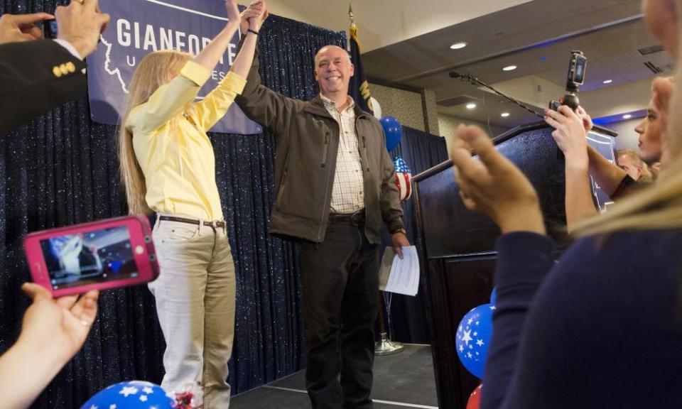 Greg Gianforte celebrates with supporters after being declared the winner in Montana’s special House election Thursday in Bozeman, Montana. 