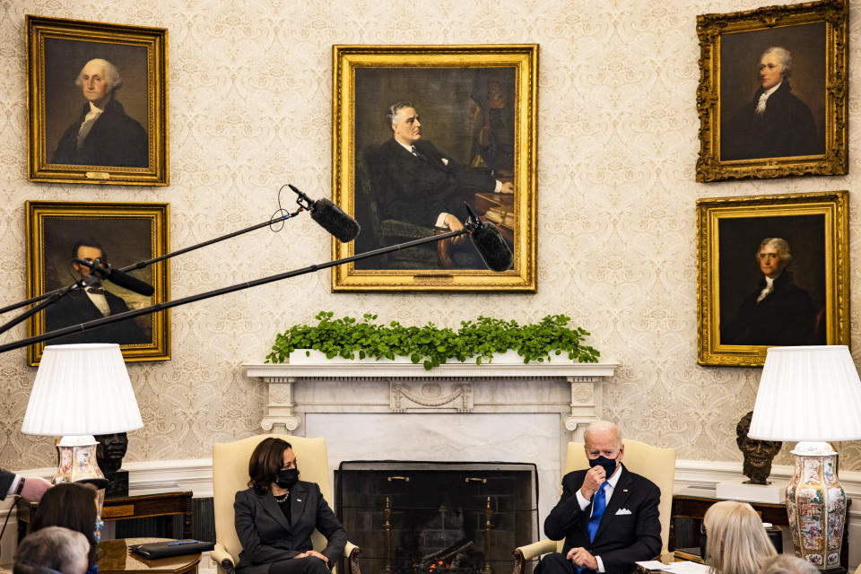 President Joe Biden sits beneath a painting of Franklin Roosevelt during a meeting with Vice President Kamala Harris and other lawmakers in the Oval Office. (Photo by Samuel Corum/Getty Images) (Photo: Samuel Corum via Getty Images)