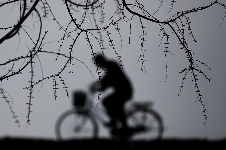 A man rides a bicycle on a rainy day in central Pyongyang, April 14, 2017.