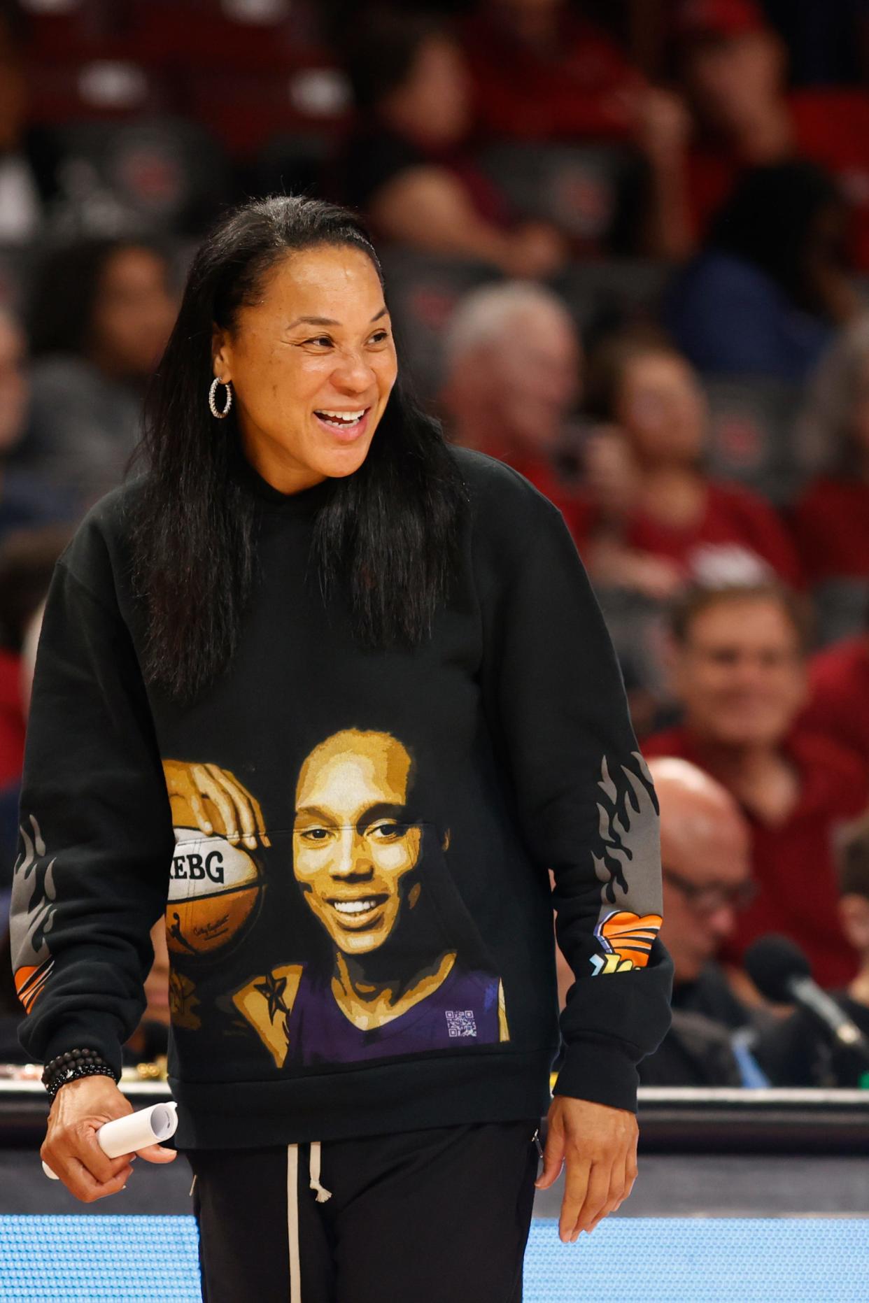 South Carolina basketball coach Dawn Staley wore a shirt with Brittney Griner's image on it during the Gamecocks' opening game of the 2022-23 season on Nov. 7. Griner was released from a Russian prison on Thursday.
